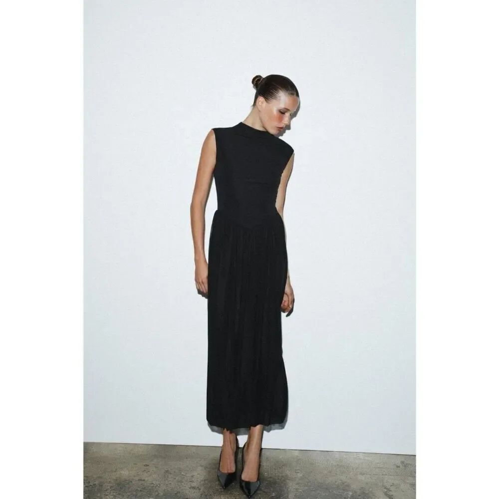 Zara Womens Long Contrast Tulle Dress S Black High Neck Sleeveless 5584/807 NWT